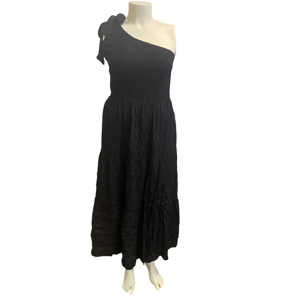 MEROKEETY Black One Shoulder Smocked Maxi Dress Tiered‎ Slit Size L NEW